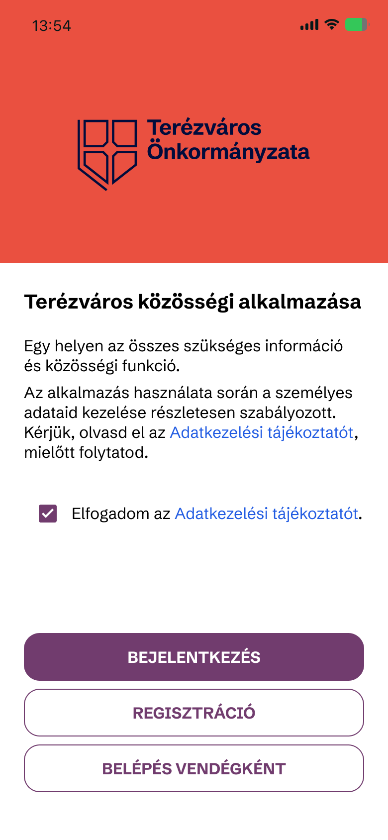 Terézváros app — bejelentkezés és regisztráció